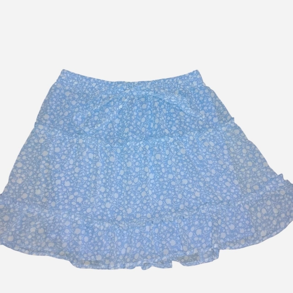 Blue & White Floral Tiered Mini Skirt - Size Large